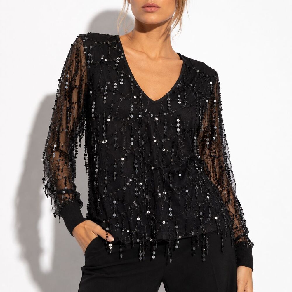 Black Sequin Fringe Mesh Top Womens M Sheer Long Sleeve Y2K Disco Glam Party